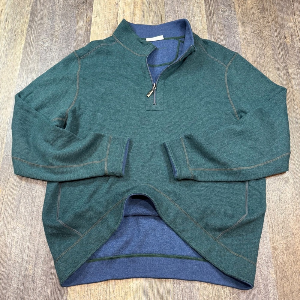 Tommy Bahama Pullover Men XL Green Blue Reversible 1/4 Zip Cotton Blend Sweater